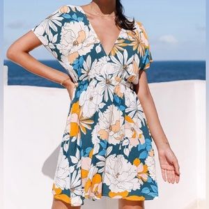 NWT Cupshe Teal Floral Mini Dress with White and Yellow Accents